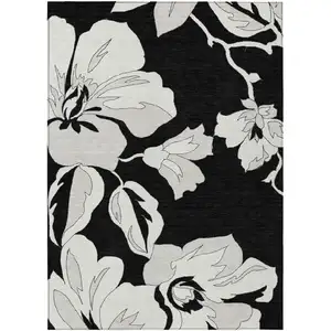 Photo of Black Gray And Silver Floral Washable Indoor Outdoor Area Rug