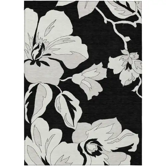 Black Gray And Silver Floral Washable Indoor Outdoor Area Rug Photo 2