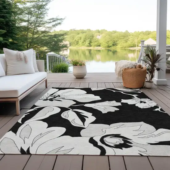 Black Gray And Silver Floral Washable Indoor Outdoor Area Rug Photo 9