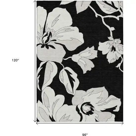 Black Gray And Silver Floral Washable Indoor Outdoor Area Rug Photo 3