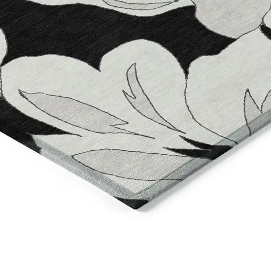 Black Gray And Silver Floral Washable Indoor Outdoor Area Rug Photo 5