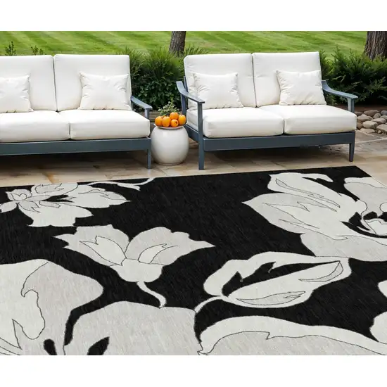 Black Gray And Silver Floral Washable Indoor Outdoor Area Rug Photo 1