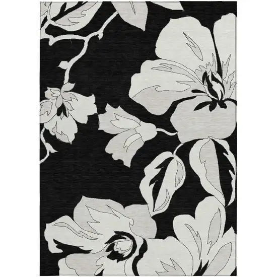 Black Gray And Silver Floral Washable Indoor Outdoor Area Rug Photo 8