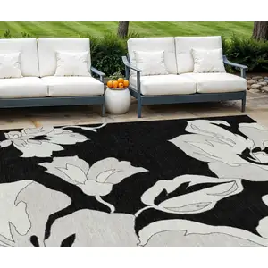 Photo of Black Gray And Silver Floral Washable Indoor Outdoor Area Rug