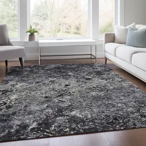 Photo of Black Gray And Silver Geometric Washable Indoor Outdoor Area Rug