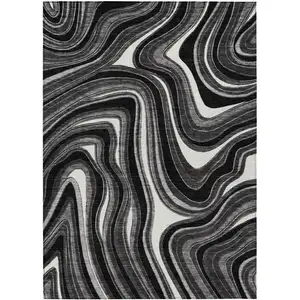 Photo of Black Gray And White Abstract Washable Indoor Outdoor Area Rug