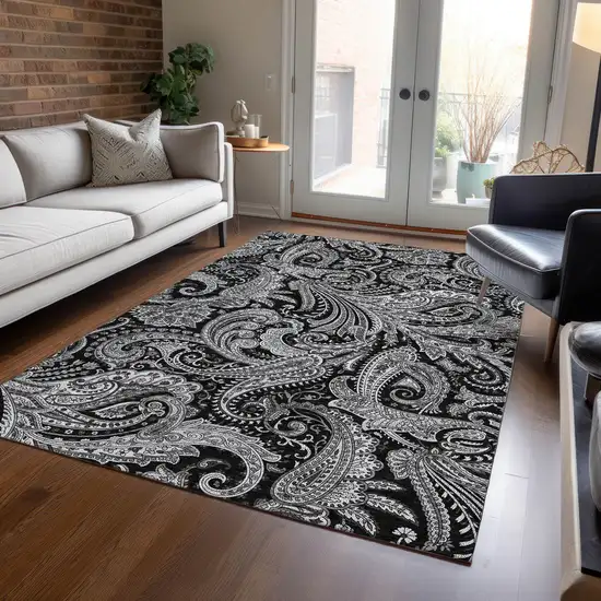 Black Gray And White Paisley Washable Indoor Outdoor Area Rug Photo 8