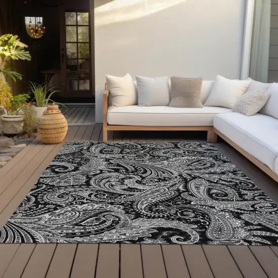 Black Gray And White Paisley Washable Indoor Outdoor Area Rug Photo 7