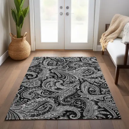 Black Gray And White Paisley Washable Indoor Outdoor Area Rug Photo 9