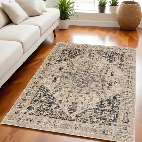 Black Gray and Tan Oriental Power Loom Worn Faded Area Rug Photo 1