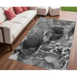 Photo of Black Gray and White Abstract Washable Non Skid Indoor Outdoor Area Rug