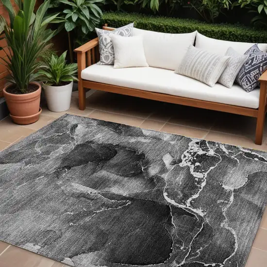 Black Gray and White Abstract Washable Non Skid Indoor Outdoor Area Rug Photo 1