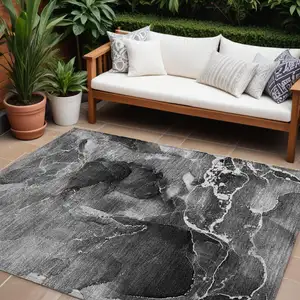 Photo of Black Gray and White Abstract Washable Non Skid Indoor Outdoor Area Rug