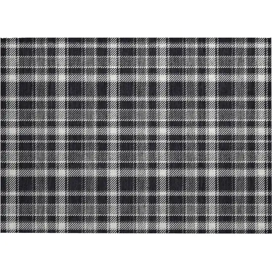 Black Gray and White Plaid Washable Non Skid Indoor Outdoor Area Rug Photo 2