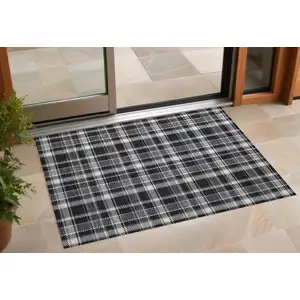 Photo of Black Gray and White Plaid Washable Non Skid Indoor Outdoor Area Rug