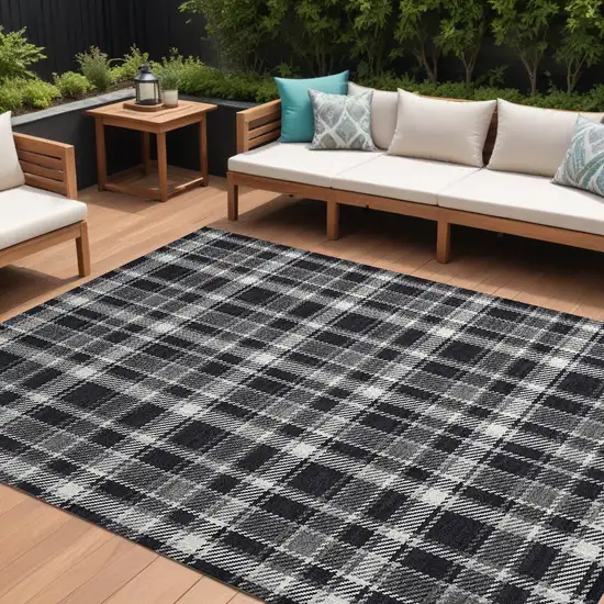 Black Gray and White Plaid Washable Non Skid Indoor Outdoor Area Rug Photo 1