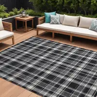 Photo of Black Gray and White Plaid Washable Non Skid Indoor Outdoor Area Rug