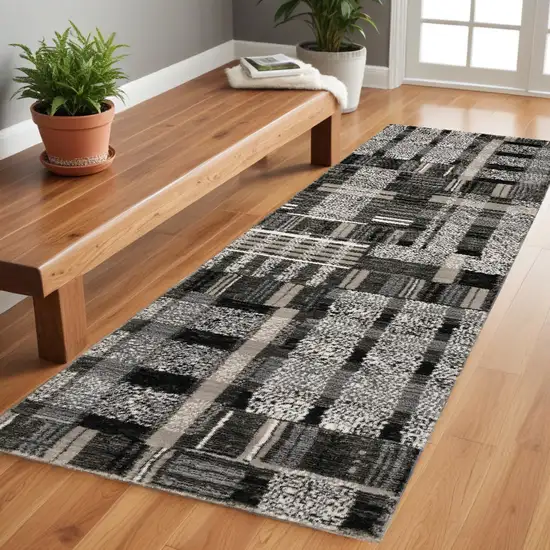 Gray and Black Geometric Power Loom Runner Rug Photo 1