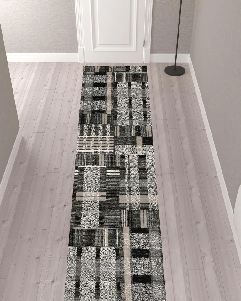 Black Grey And Ivory Geometric Power Loom Stain Resistant Runner Rug Photo 2