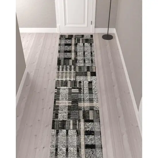 Black Grey And Ivory Geometric Power Loom Stain Resistant Runner Rug Photo 2