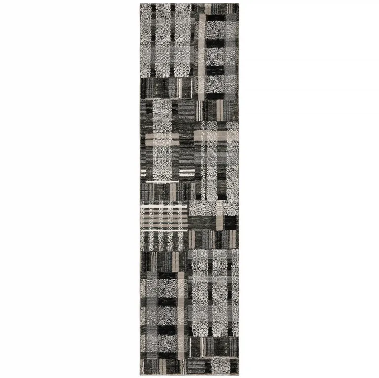 Black Grey And Ivory Geometric Power Loom Stain Resistant Runner Rug Photo 1