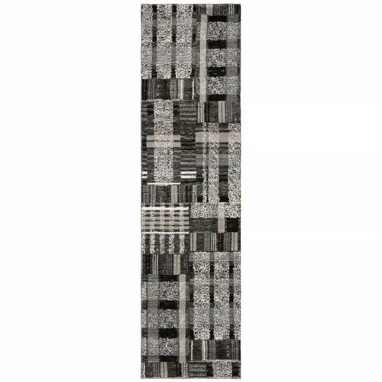 Black Grey And Ivory Geometric Power Loom Stain Resistant Runner Rug Photo 1