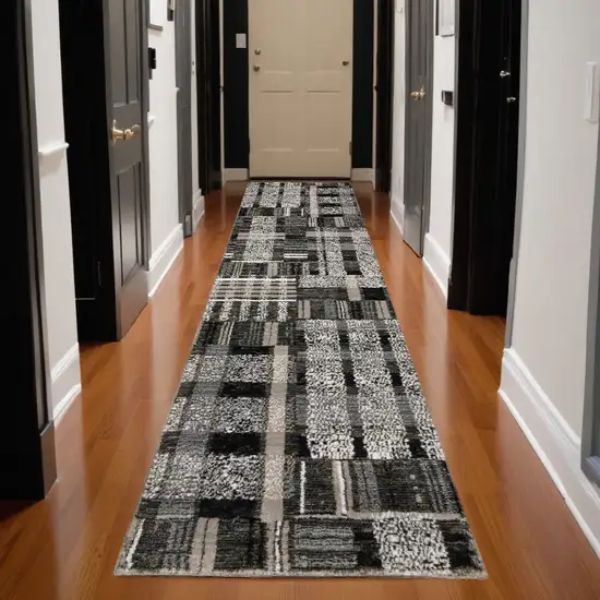 12' Runner Black Grey and Ivory Geometric Power Loom Runner Rug Photo 1