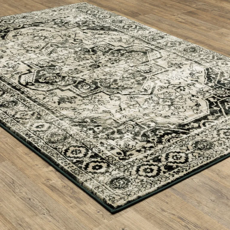 Black Grey Tan And Ivory Oriental Power Loom Stain Resistant Area Rug Photo 4