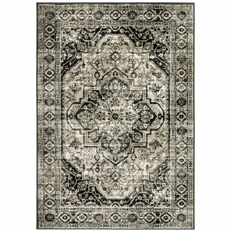 Black Grey Tan And Ivory Oriental Power Loom Stain Resistant Area Rug Photo 1