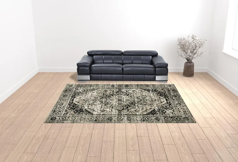 Black Grey Tan And Ivory Oriental Power Loom Stain Resistant Area Rug Photo 2