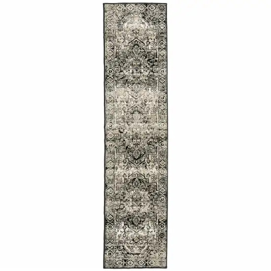 Black Grey Tan And Ivory Oriental Power Loom Stain Resistant Runner Rug Photo 1