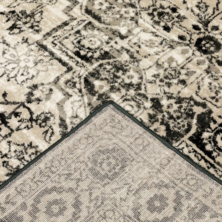 Black Grey Tan And Ivory Oriental Power Loom Stain Resistant Runner Rug Photo 3