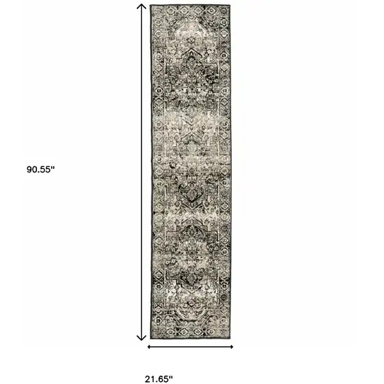 Black Grey Tan And Ivory Oriental Power Loom Stain Resistant Runner Rug Photo 10