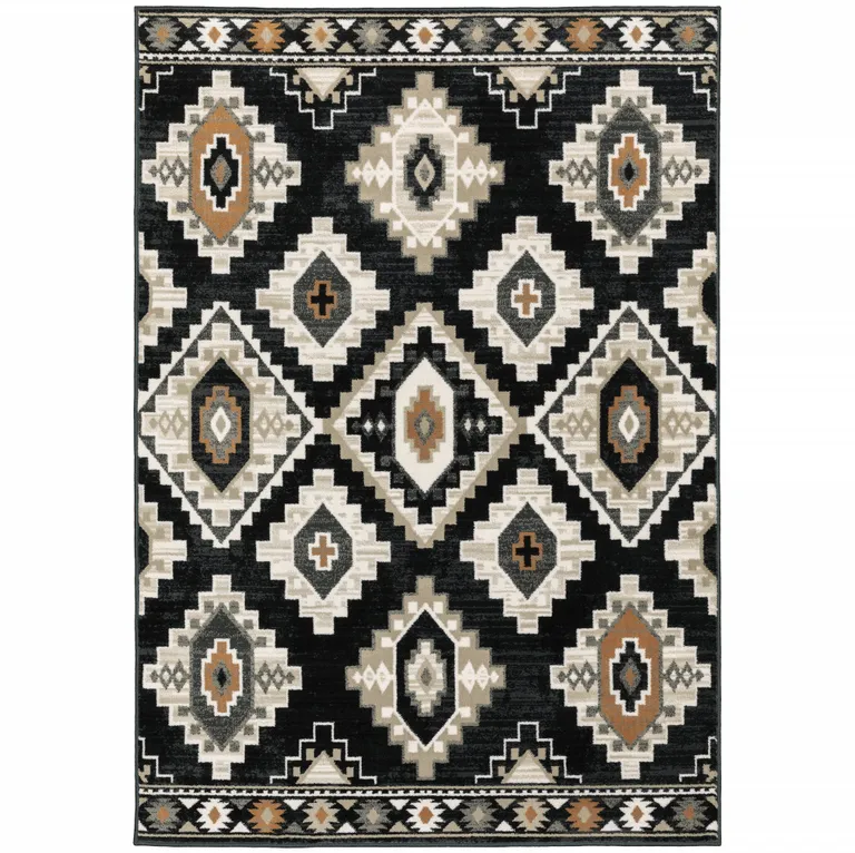 Black Grey Tan Orange And Ivory Southwestern Power Loom Stain Resistant Area Rug Photo 1