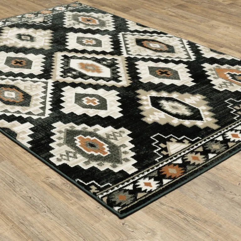 Black Grey Tan Orange And Ivory Southwestern Power Loom Stain Resistant Area Rug Photo 5