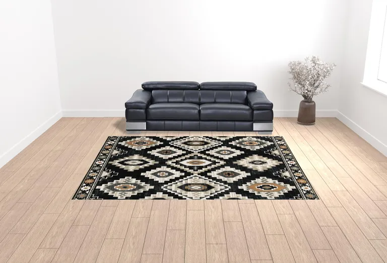 Black Grey Tan Orange And Ivory Southwestern Power Loom Stain Resistant Area Rug Photo 2