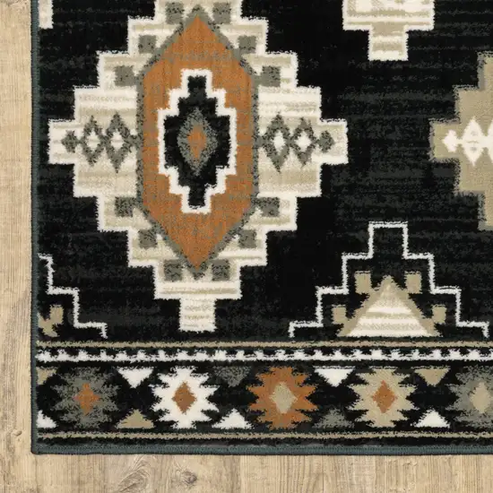 Black Grey Tan Orange And Ivory Southwestern Power Loom Stain Resistant Runner Rug Photo 3