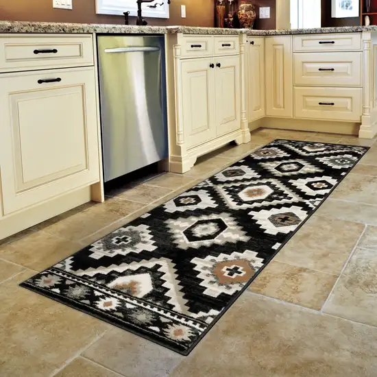 Black Grey Tan Orange And Ivory Southwestern Power Loom Stain Resistant Runner Rug Photo 9