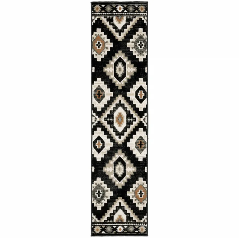 Black Grey Tan Orange And Ivory Southwestern Power Loom Stain Resistant Runner Rug Photo 1