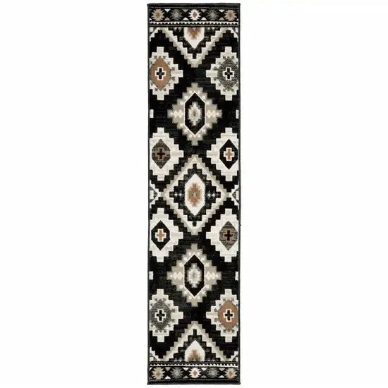 Black Grey Tan Orange And Ivory Southwestern Power Loom Stain Resistant Runner Rug Photo 1