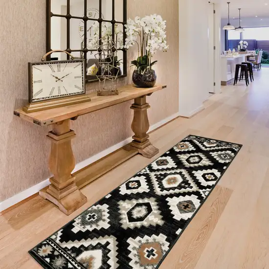 Black Grey Tan Orange And Ivory Southwestern Power Loom Stain Resistant Runner Rug Photo 6