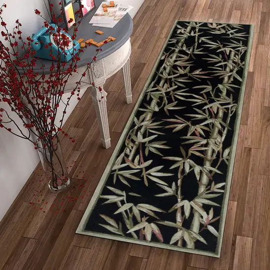 Black Hand Tufted Bordered Tropical Bamboo Indoor Runner Rug Photo 4