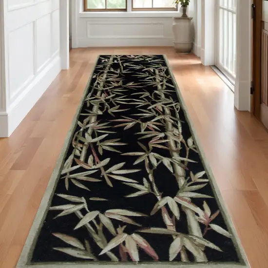 10' Black Hand Tufted Bordered Tropical Bamboo Indoor Runner Rug Photo 1