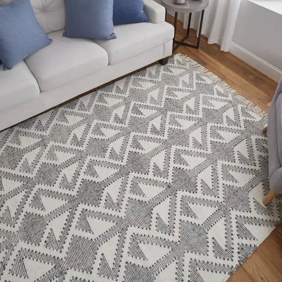 Black Ivory And Gray Wool Geometric Dhurrie Flatweave Handmade Area Rug With Fringe Photo 8