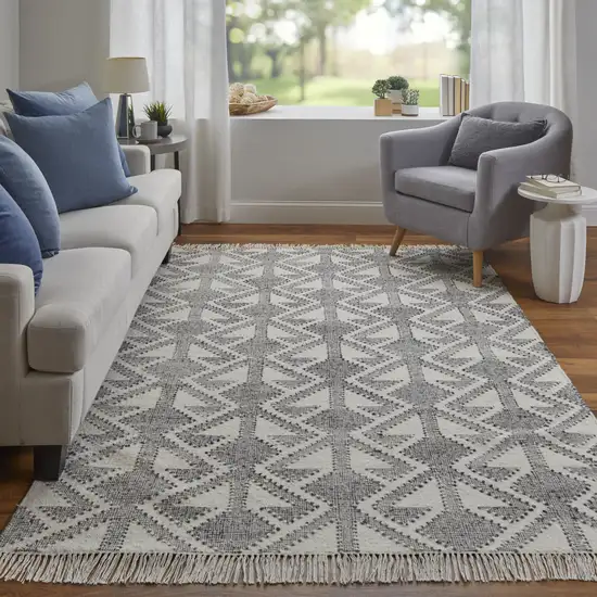 Black Ivory And Gray Wool Geometric Dhurrie Flatweave Handmade Area Rug With Fringe Photo 6