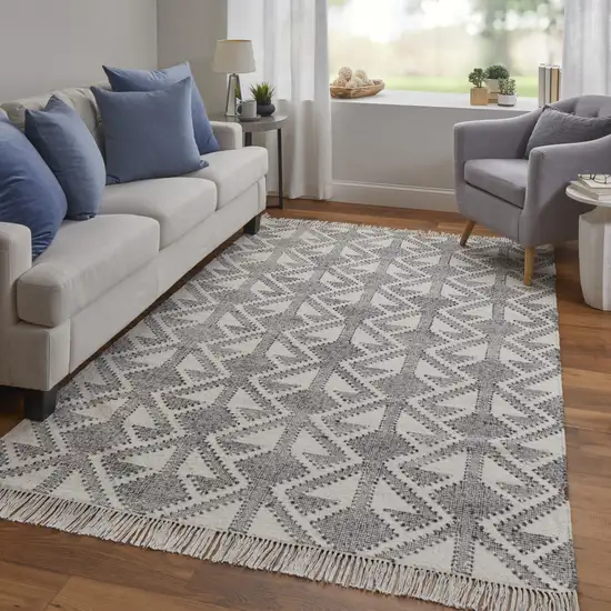 Black Ivory And Gray Wool Geometric Dhurrie Flatweave Handmade Area Rug With Fringe Photo 7