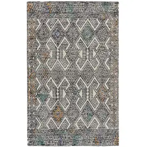 Photo of Black Ivory And Green Wool Geometric Tufted Handmade Distressed Area Rug