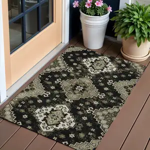 Photo of Black Ivory And Taupe Medallion Washable Indoor Outdoor Area Rug