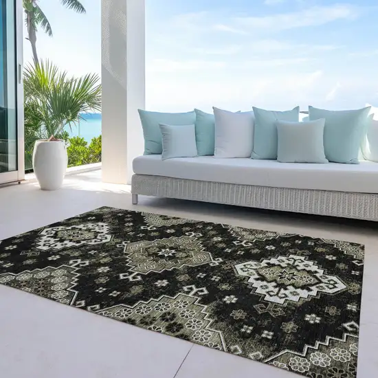 Black Ivory And Taupe Medallion Washable Indoor Outdoor Area Rug Photo 9