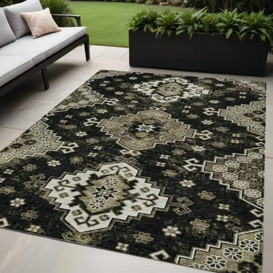 Black Ivory And Taupe Medallion Washable Indoor Outdoor Area Rug Photo 1